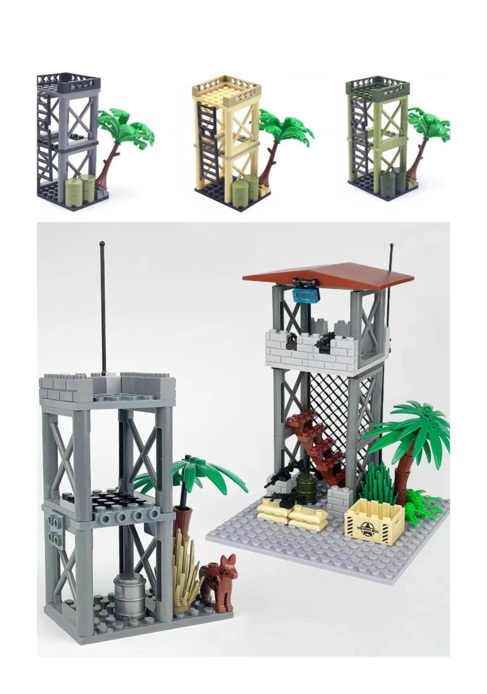MOC Creative Military Building Scene with Sentry Post, Lookout Tower, Tree Oil Barrel, War Field Accessories and Assembly Model
