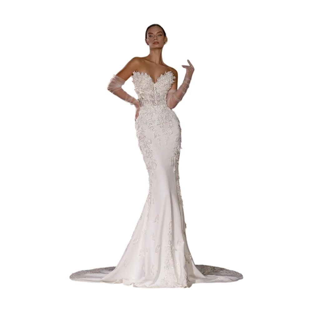 Glamorous Mermaid Wedding Dresses Sweetheart Appliques Sequins Lace Pleat Sweep Train Bridal Gowns Customized Robe De Mariée