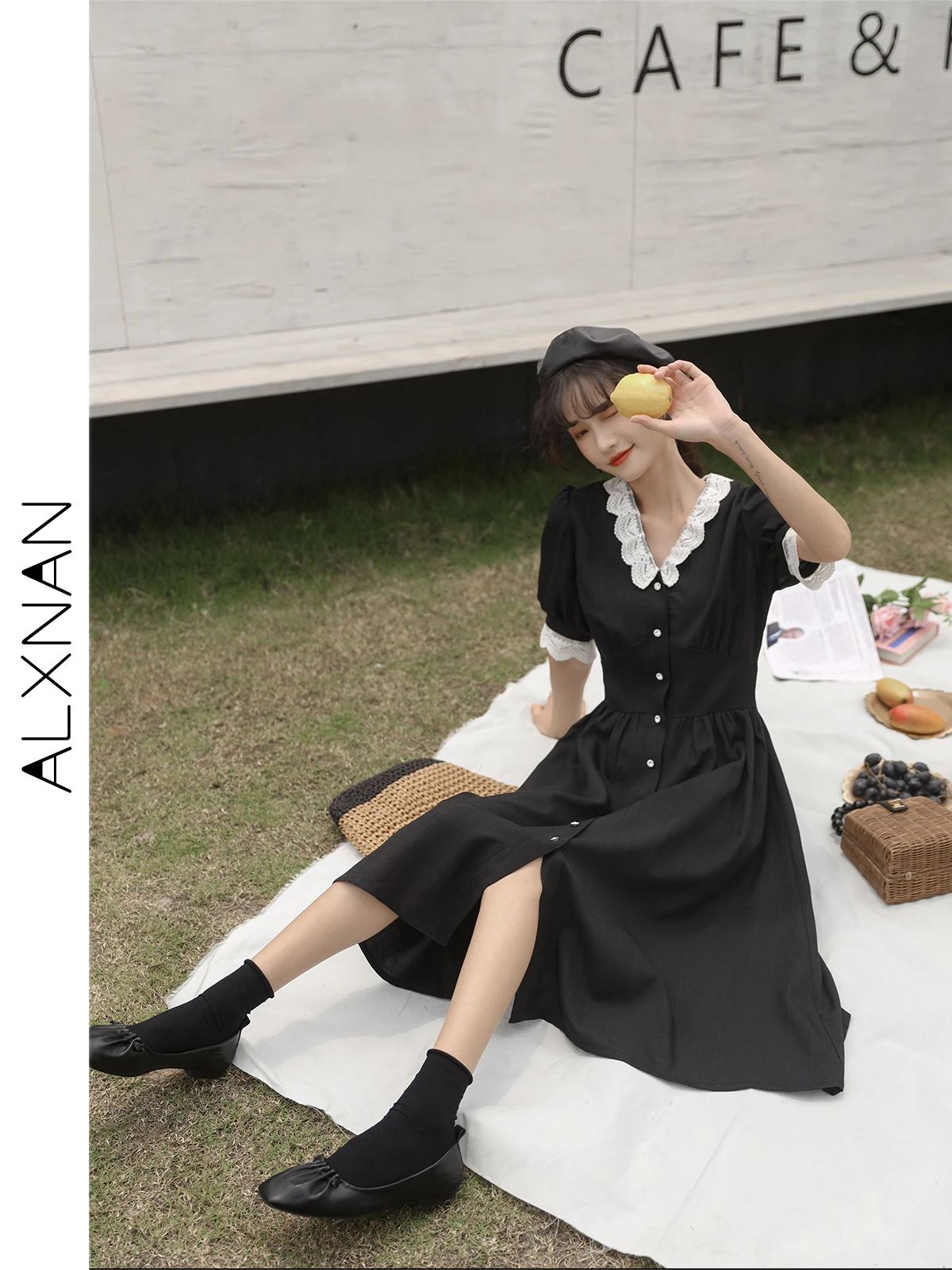 

ALXNAN V-neck Short Sleeve Midi Dress Ladies 2024 New French Style Elegant Commuter Black Summer A-line Woman Dresses LXN11532