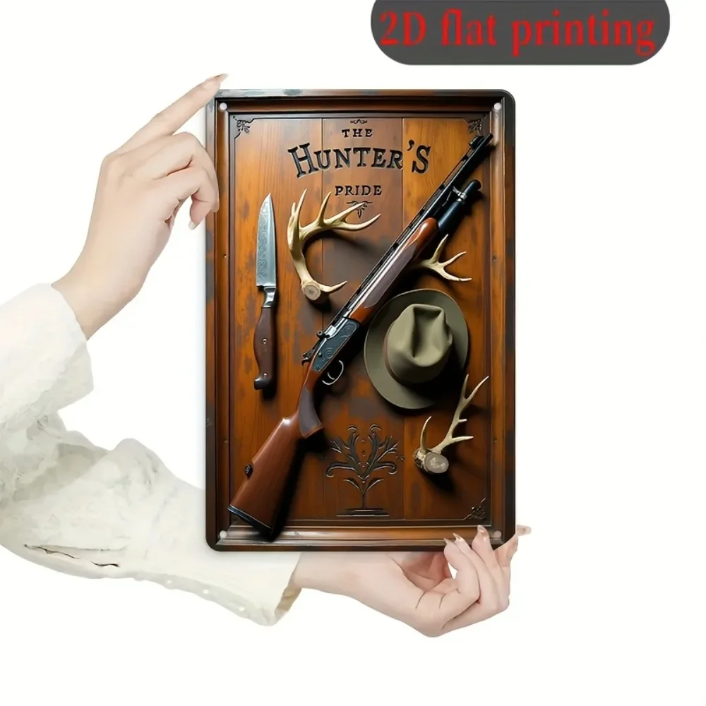 The Hunter's Pride Hunting Gun Antler Tin Sign - Vintage Durable Metal Plaque Wall Decor, Home Office Bar Man Cave Wall Art