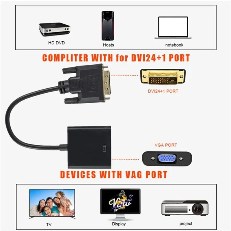 GRWIBEOU  HD 1080P DVI-D DVI To VGA Adapter Video Cable Converter 24+1 25Pin to 15Pin Cable Converter for PC Computer Monitor