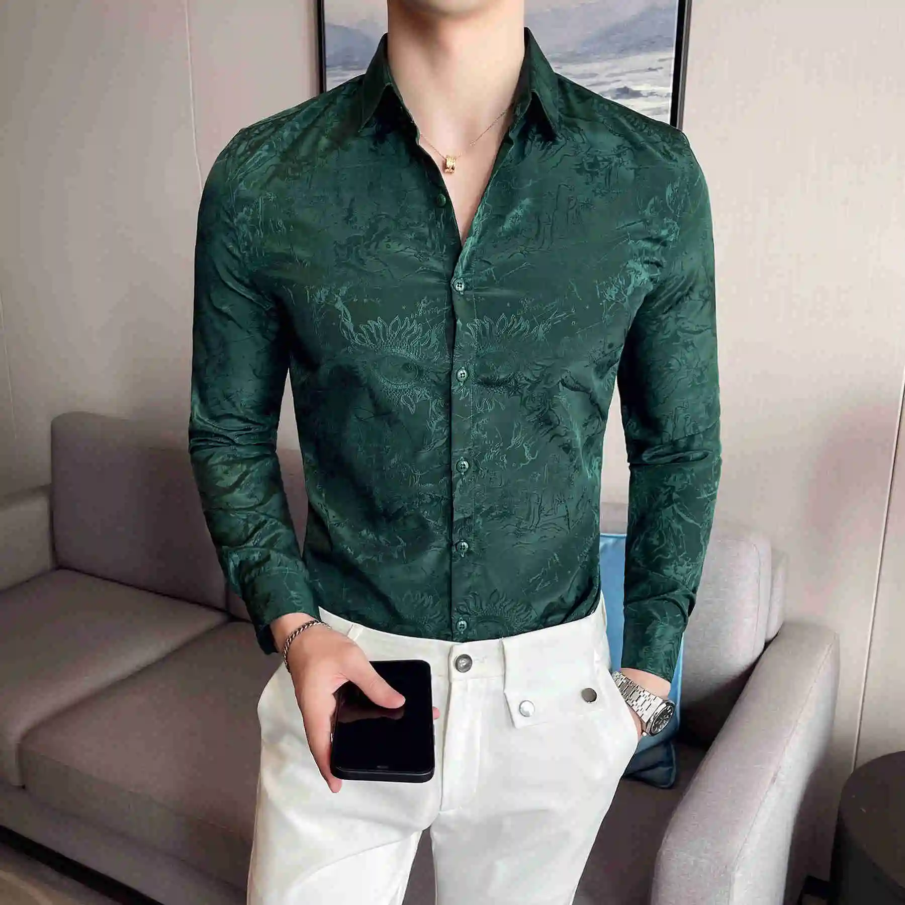 Green 2023 Jacquard Luxury Shirt Men Black White Wedding Dres Shirt Prom Tuxedo Hemise Homme Long Sleeve Slim Fit Shirt Men