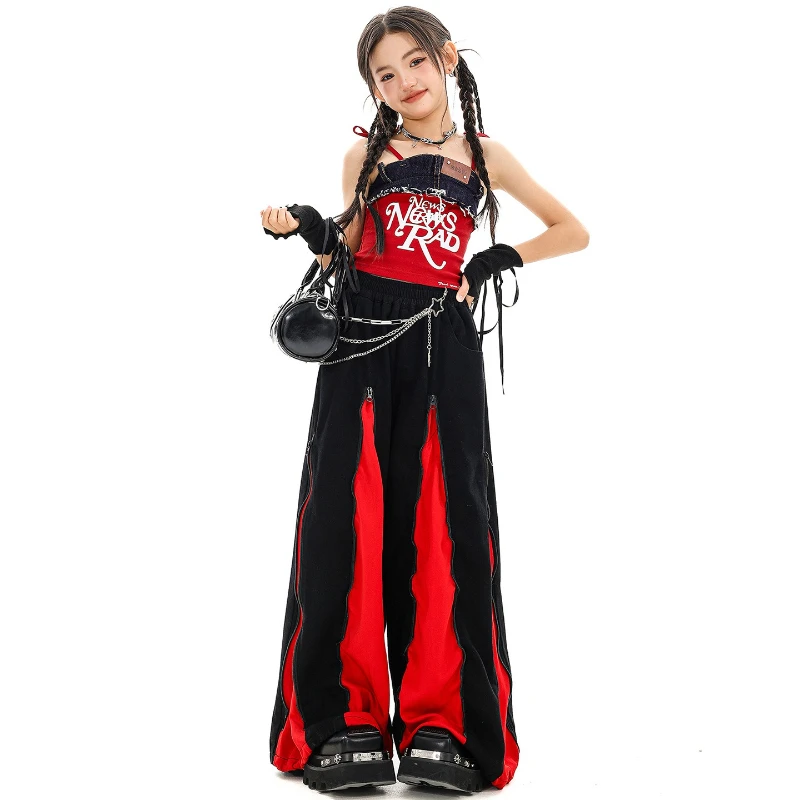 Mädchen Kpop Hip Hop Kleidung Denim Red Lace Up Crop Tank Top Casual Reißverschluss Breite Bein Hosen Tanz Kostüme Gruppe Streetwear Kleidung