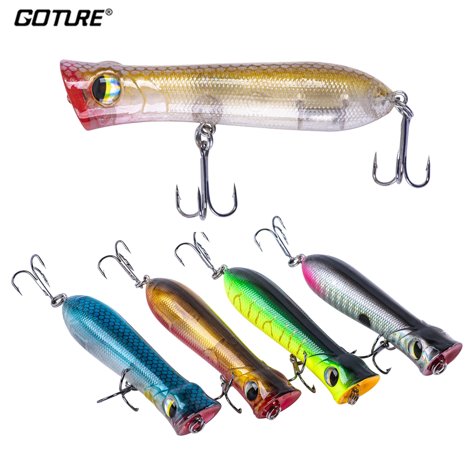 

Goture 5pcs/lot Topwater Popper Bait 70mm 12g Fishing Lures Artificial Hard Bait Wobblers for Pike with Box Fishing Tackle New