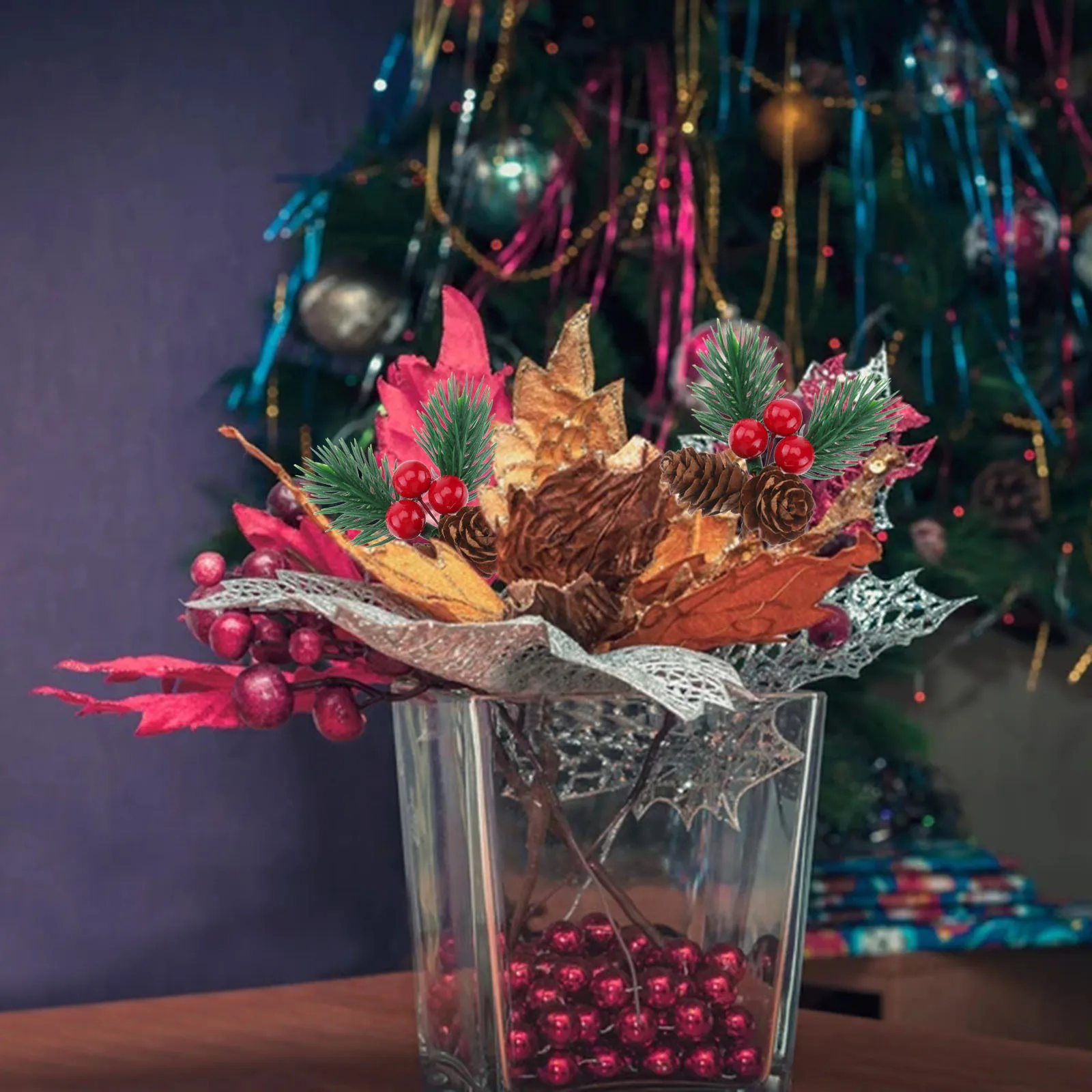 

10Pcs Christmas Pine Branches Fake Plant Berries Pine Cone Xmas Tree Decoration Party Supplies Holiday Adornment