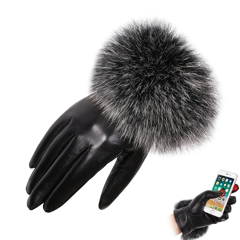 Neue Touchscreen-Leder handschuhe für Frauen Herbst Winter warm Anti-Rutsch-Fahren große Fuchs haar Schaffell handschuhe