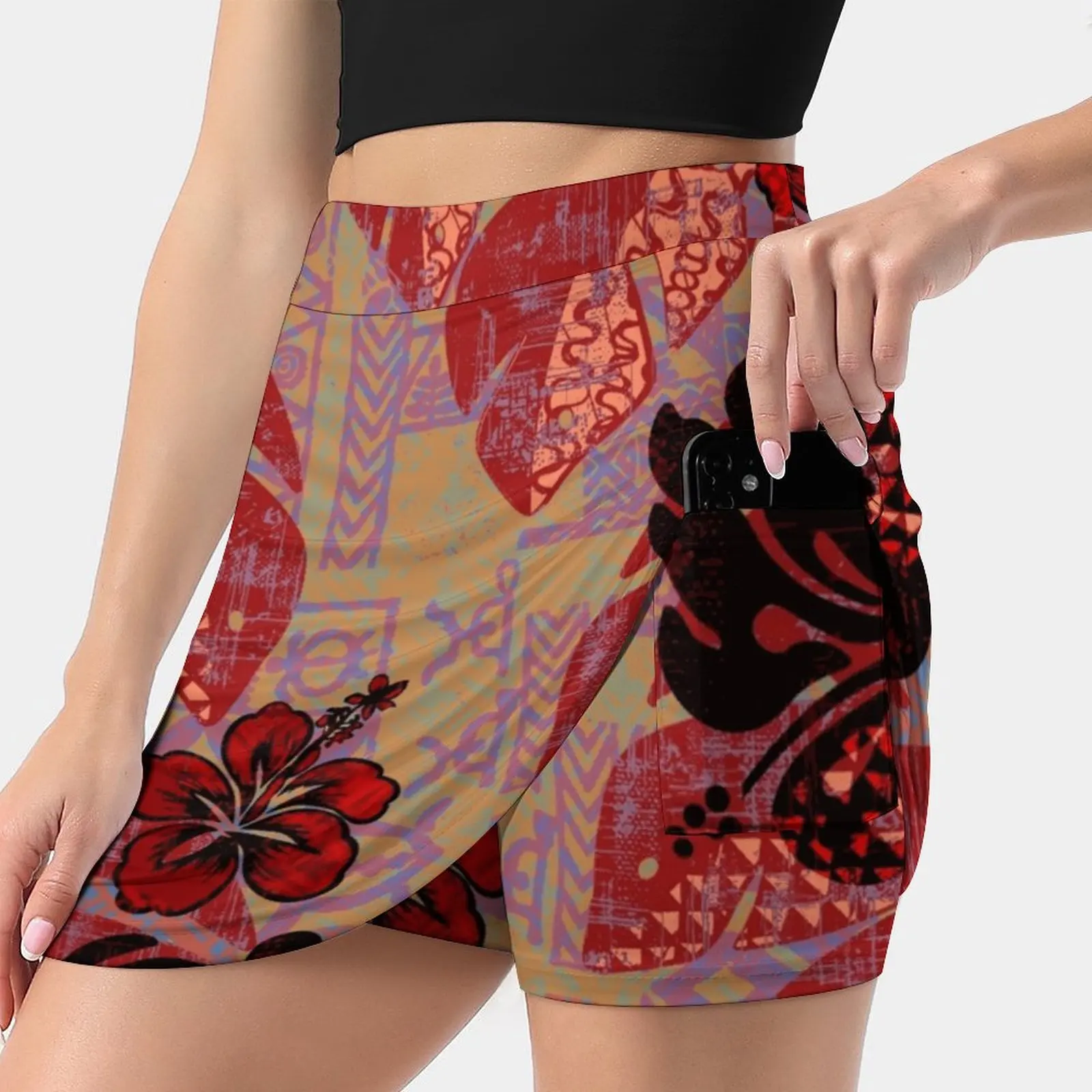 On Fire Tropical Floral Women Tennis Skirts Golf Badminton Pantskirt Sports Phone Pocket Skort Hawaiian Hawaiian Samoan