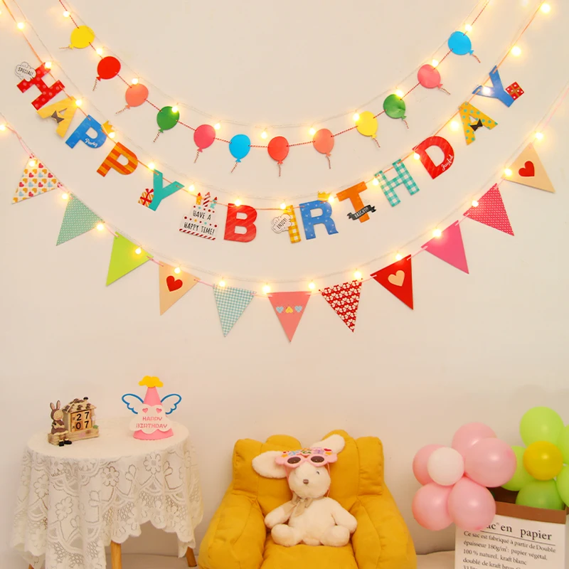 Flashing LED Happy Birthday Falgs Paper Bunting Garland Banners for Kids, Baby Shower Decorations, Party Supplies, 1Set
