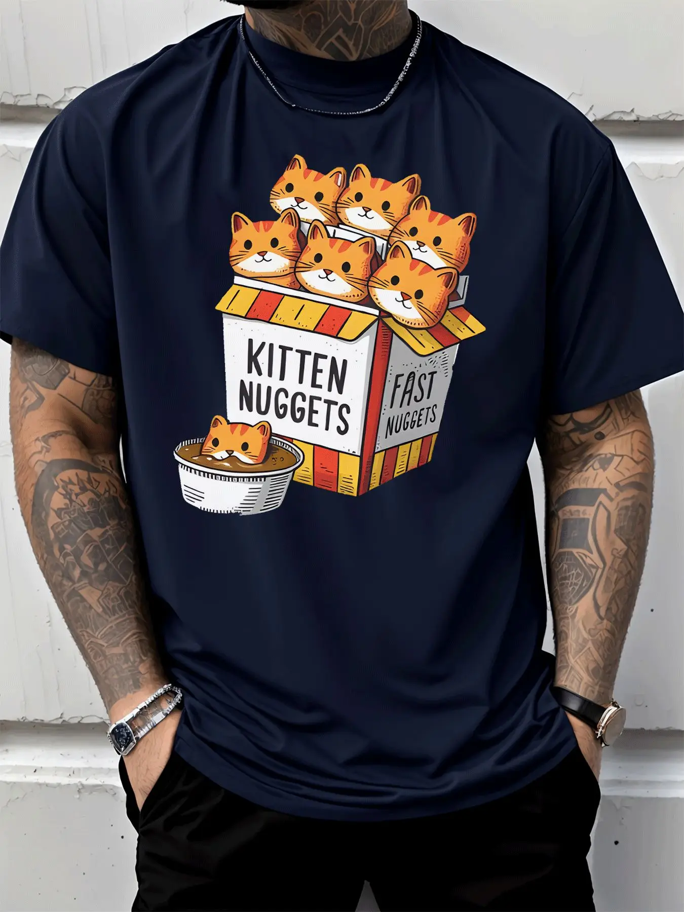 Funny Kitten Nuggets Box Cartoon Mens Front Print T Shirt Cute Cat Fast Food Graphic Tee Casual Short Sleeve Top Cat Lover Gift