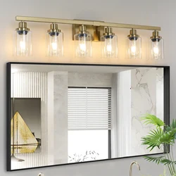 Golden 4/6 Lights Vanity Light with Clear Glass Lampshades, Modern Iron Metal Bathroom Wall Fixture for Mirror