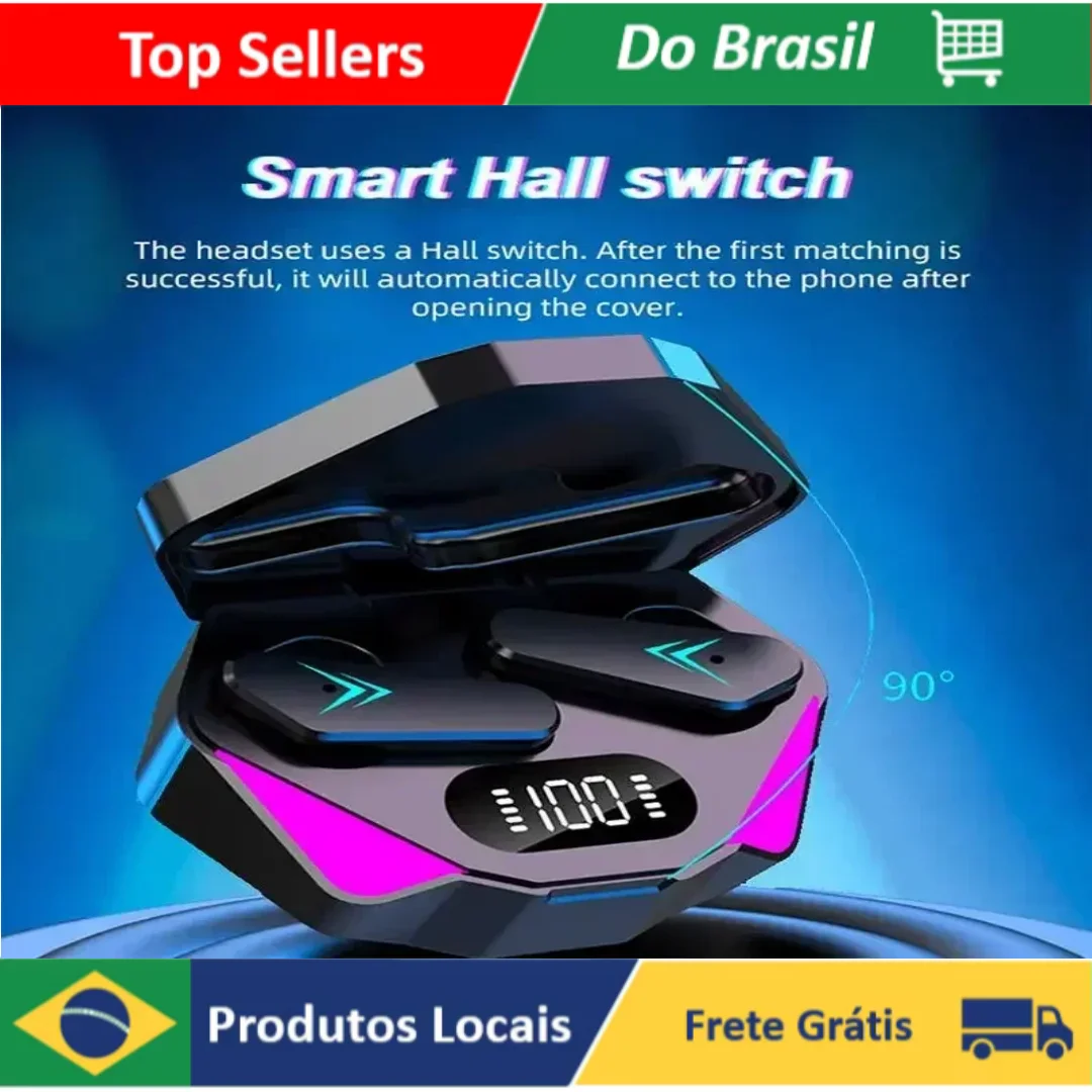 Fone TWS Sem Fio com Baixa Latência para Jogos e Esportes, Bluetooth com Case de Carregamento
