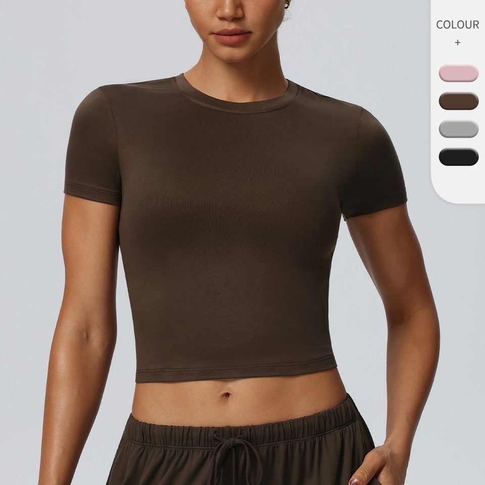 Women's Round Neck Short Sleeve Yoga T‑Shirt Quick Dry Tight‑Fit Soft Fabric Workout Top for Running Fitness Sports