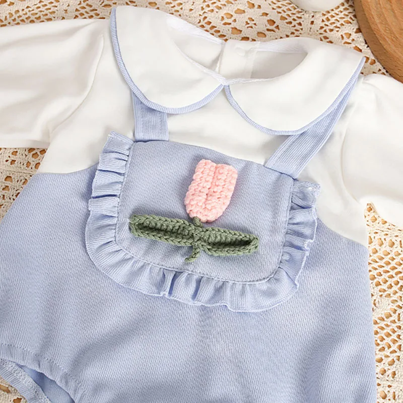 2024 Autumn Baby Girls Clothes Infant Peter Pan Tulip Bodysuit With Bow Headband Toddler Long Sleeve One Piece