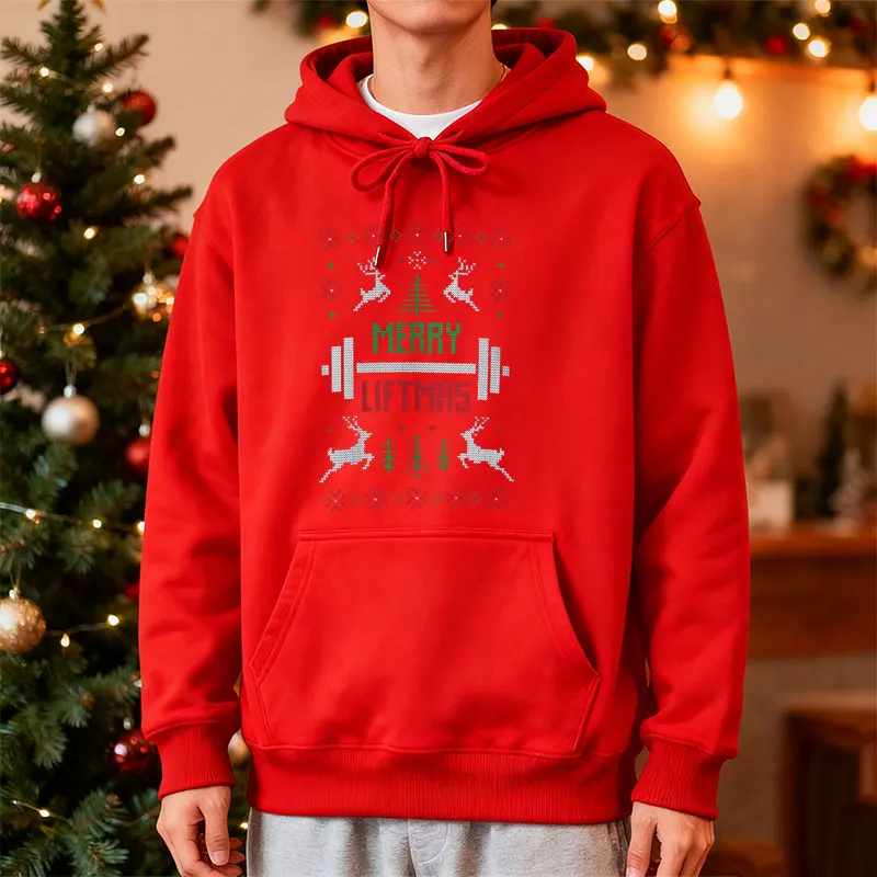 سويت شيرت Merry Liftmas Ugly Christmas بقلنسوة للتمرين، سترة مضحكة للعطلات في صالة الألعاب الرياضية لعشاق اللياقة البدنية، هدية لرفع الأثقال