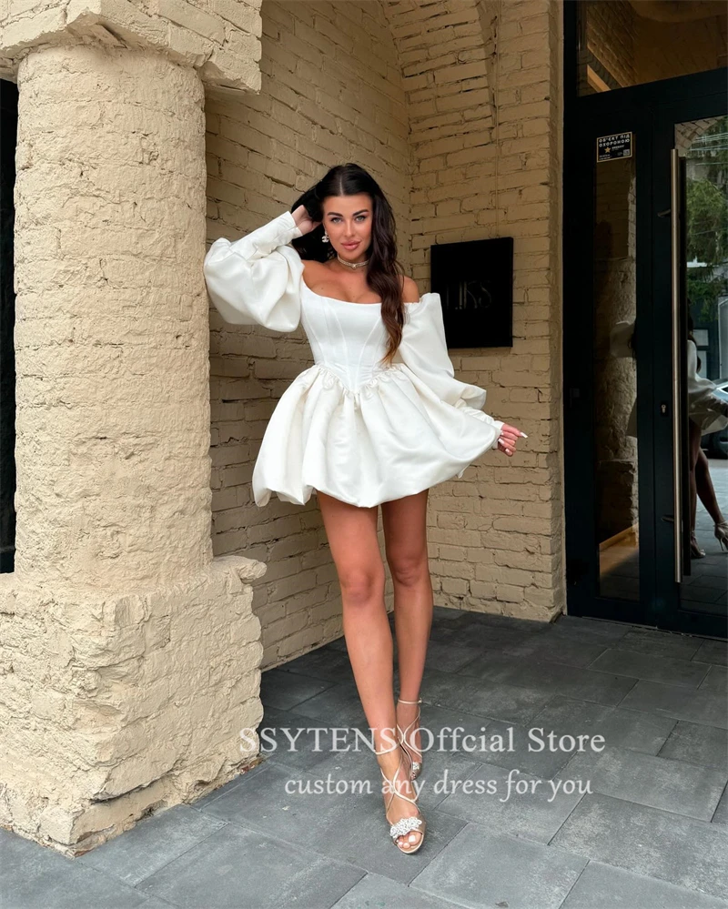 SSYTENS A Line Satin Short Wedding Dresses Long Sleeves Off The Shoulder Bridal Gowns Gorset Back Custom Bride Party Gowns 2025