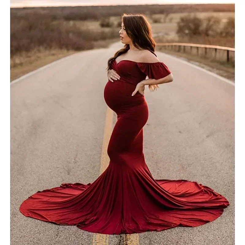 

Women Temperament Pregnant Ruffle Sleeve Cross V Neck Photography Trailer Dress Baby Shower Dresses for Maternity