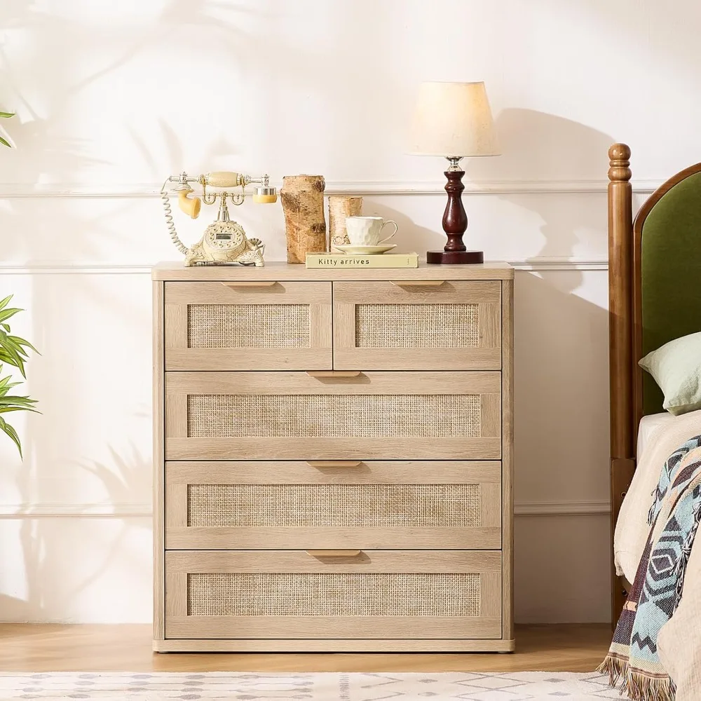 خزانة روطان لغرفة النوم، خزانة ذات أدراج بطول 33.5 بوصة، خزائن بوهو حديثة ذات 5 أدراج مع مساحة تخزين، خزانة خشبية من خشب البلوط الخفيف