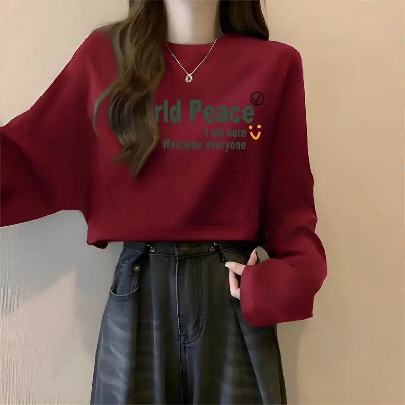 Burgundy Printed Round Neck Short T-Shirt Women In Autumn New Loose Korean Long-Sleeved Niche Design Slim Top