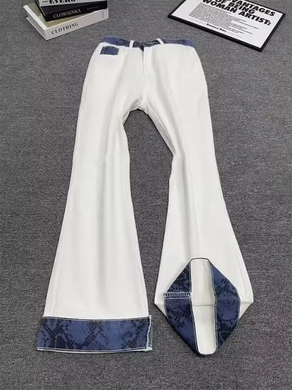 

White Color Block Snake Skin Pattern Men's Jeans mid Waist Micro Flare Pants Comfortable Soft Denim Spring Season Casual Style