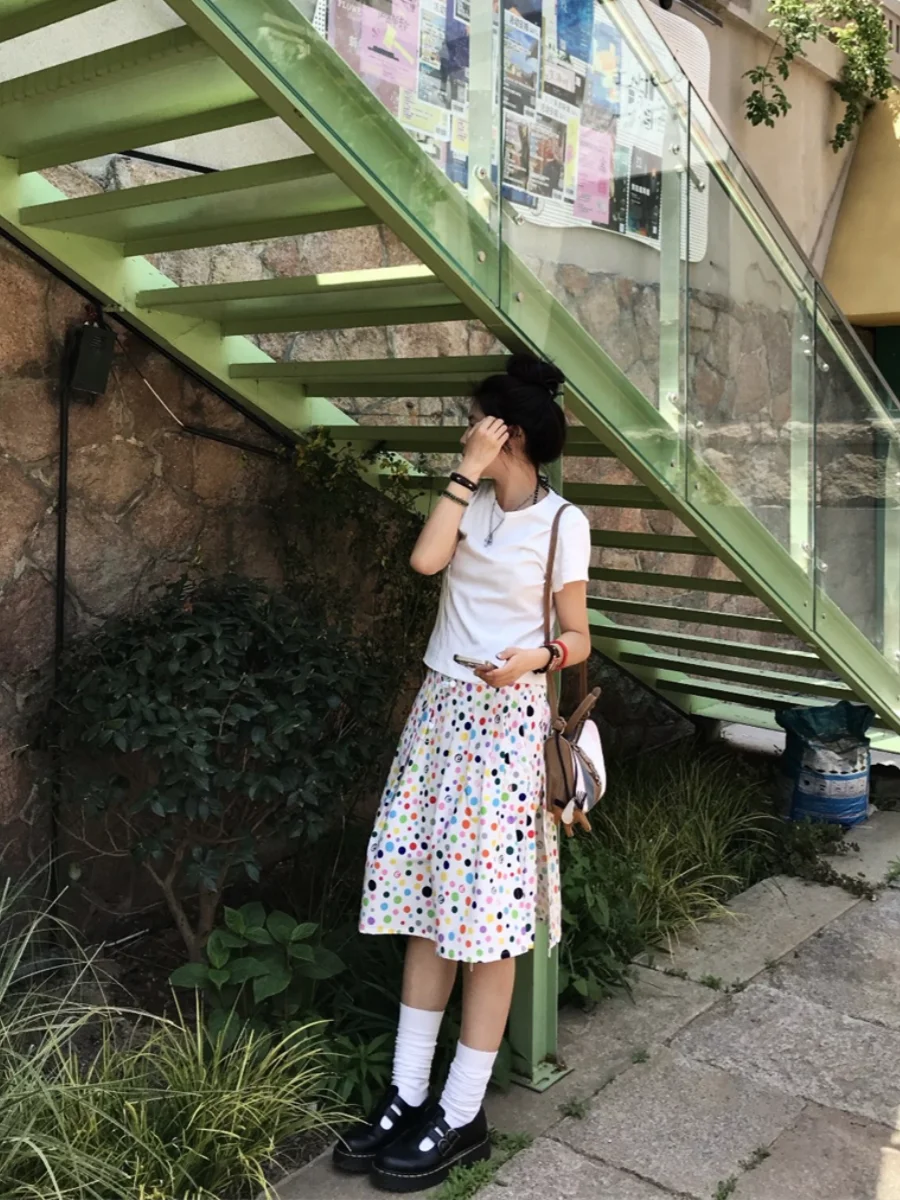 Dopamine Relaxing  Polka Dot Midi Skirt Summer New Design Folded A-Line Skirt Standard Version mid Waist for Ladies