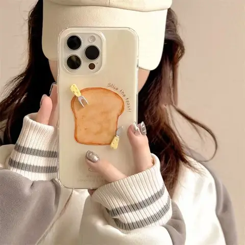 For Redmi 15 15C 14C 13C 12C Note 14 Pro Plus 13 12 12S 11 11S 10 9 3D Knife And Fork Toast White Acrylic Phone Case
