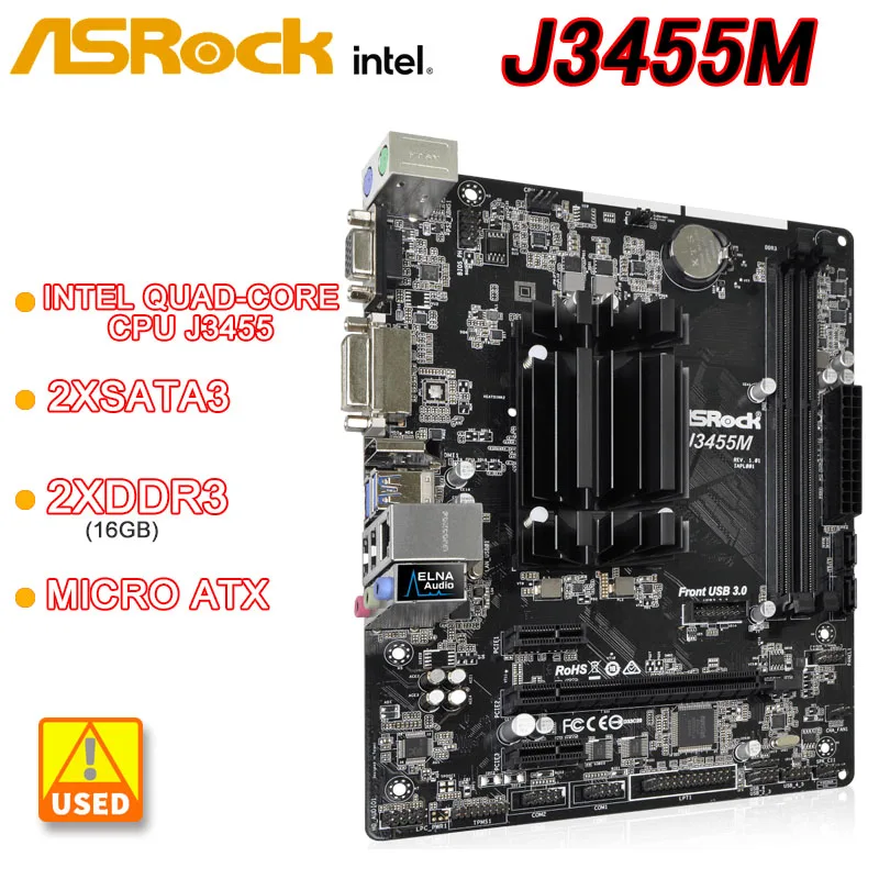 

ASRock J3455M Motherboard Intel Quad-Core Processor J3455 Supports DDR 1866 memory Graphics Output Options 1 PCIe 2.0x16 USB 3.