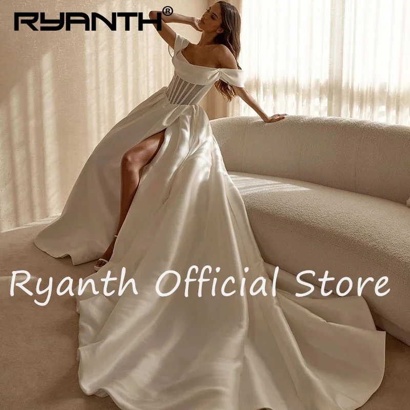 Ryanth White A-Line Wedding Dresses Boho Off The Shoulder Side Slit Bridal Dresses Women White Evening Wedding Dresses Plus Size