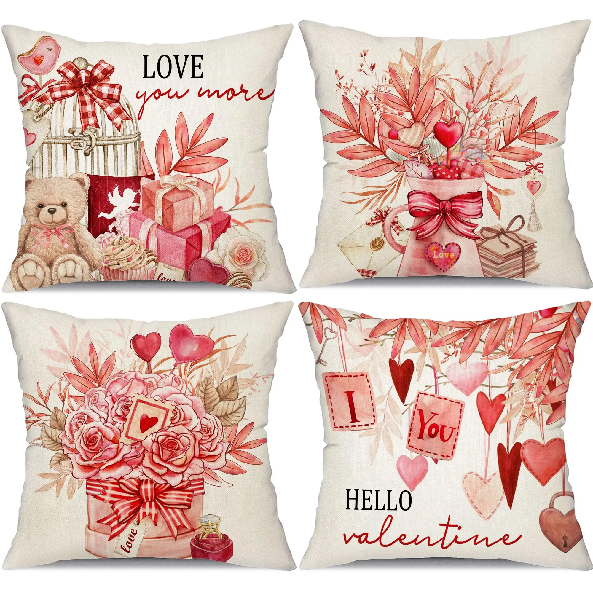 Valentine's Day Pillow Covers, Pink Rose Gift Box, Throw Pillow Covers,Cushion Case, Decor for Sofa, Couch, 18x18 Inch, Set of 4