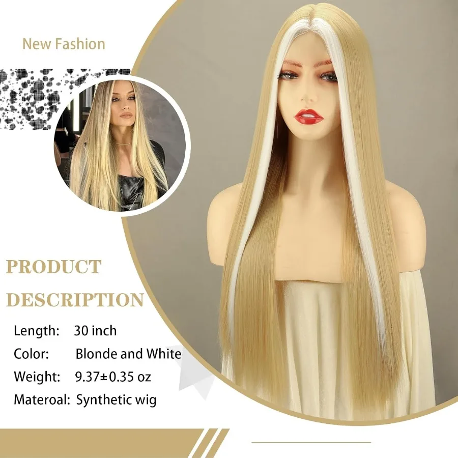 Pelucas rubias largas Xinran para mujer, Rubio claro y blanco con reflejos, peluca de encaje, línea de cabello de parte media, peluca completa sintética Natur