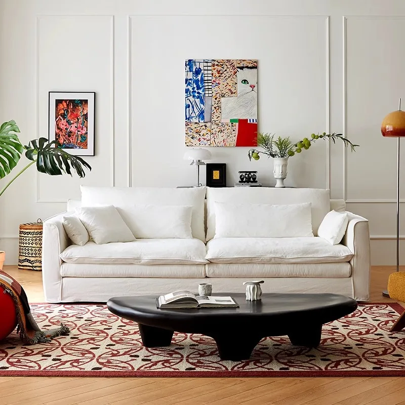 Nordic wabi style French cream linen fabric sofa Japanese medieval cotton and linen small apartment living room