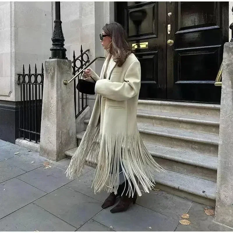2024 Autumn Winter Fashion Tassel Solid Color O-neck Overcoat WomanLoose Temperament Long-sleeve Pocket Coat Female Streetwear
