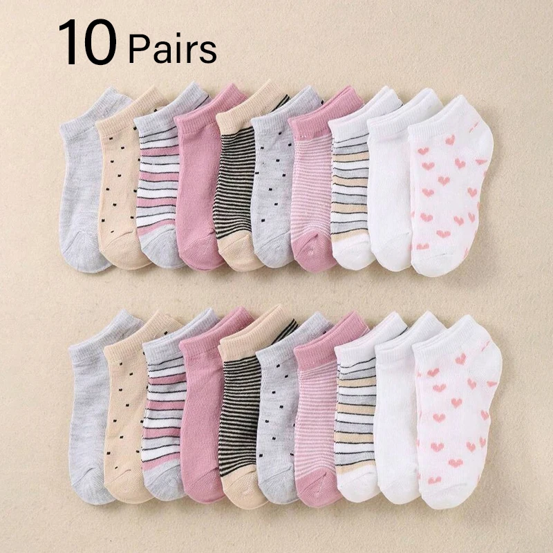 10 pairs colorful ankle socks for kid- Soft and comfortable boys' and girls' socks, featuring stripes and heart-shaped patterns