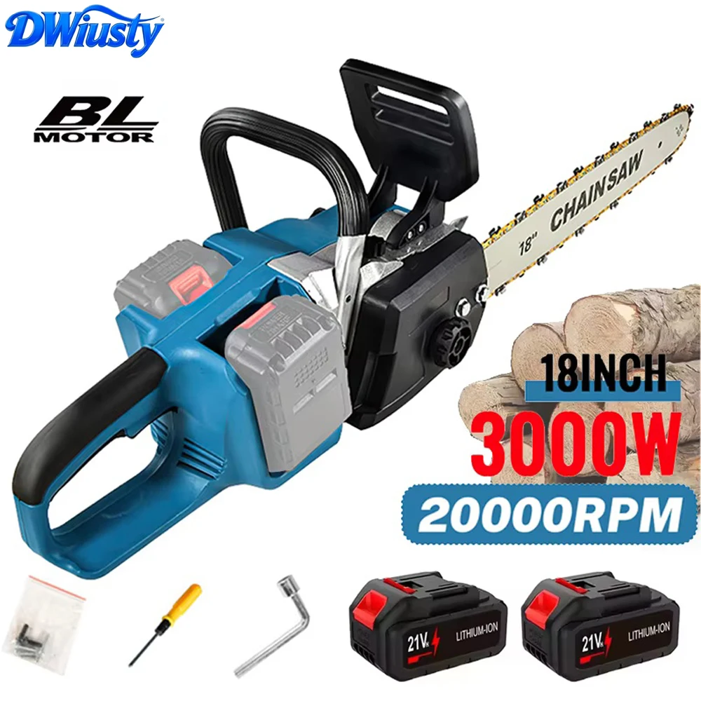 Scie à chaîne électrique sans fil DWiusty 18 pouces 3000W, outil de coupe portatif pour le jardinage et le travail du bois, compatible avec la batterie Makita 18V