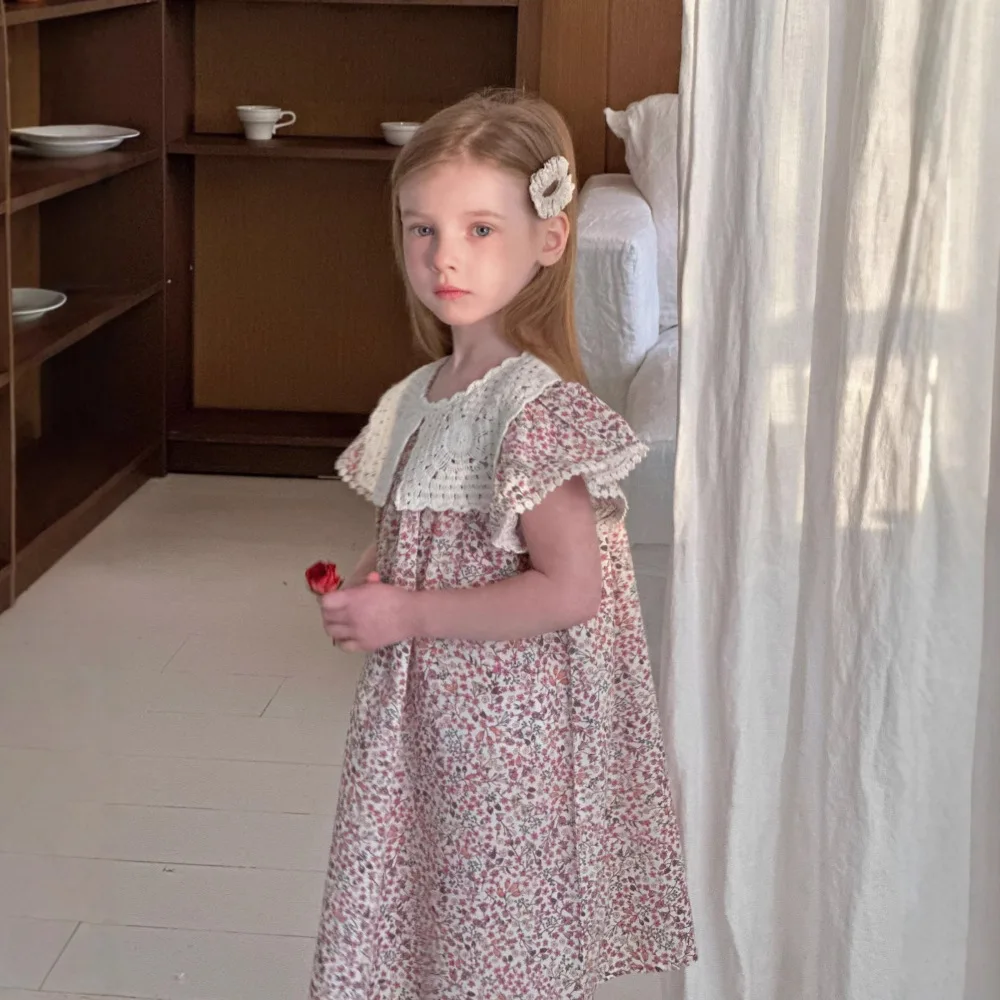 

Girls Floral Dress 2025 Summer Korean Flying Sleeve Princess Lace Kids Girls Dress Thin Cotton Lapel Toddler Baby Girls Dress