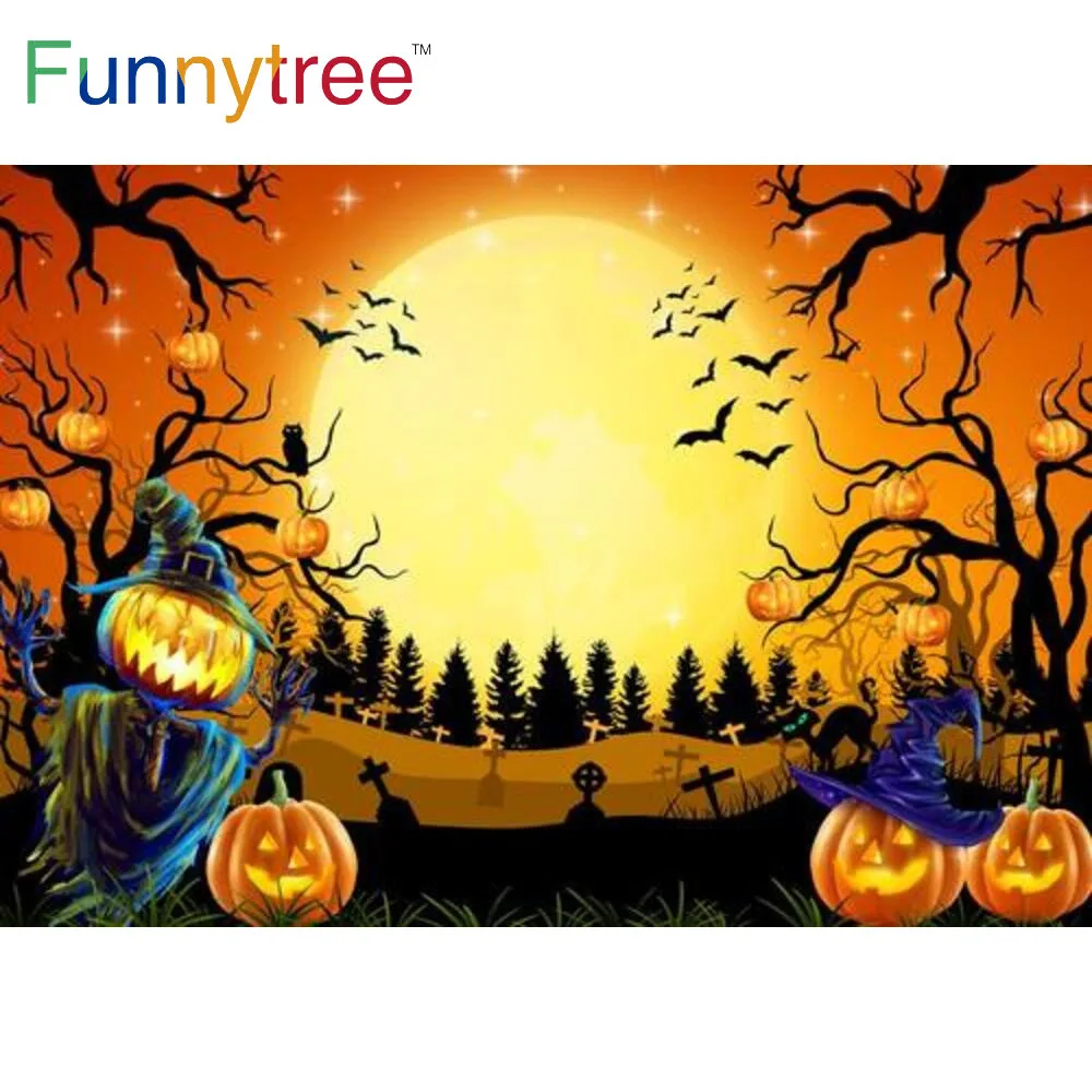 

Funnytree Orange Halloween Forest Photography Backdrop Night Moon Bat Spooky Scarecrow Pumpkin Birthday Baby Shower Banner