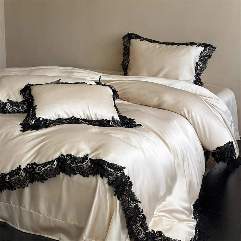 Vintage Black Lace Trim Lyocell Luxury Bedding Set 4Pcs Soft Silky Cooling Duvet Cover Set Queen King Size Bed Sheet Pillowcases view 4