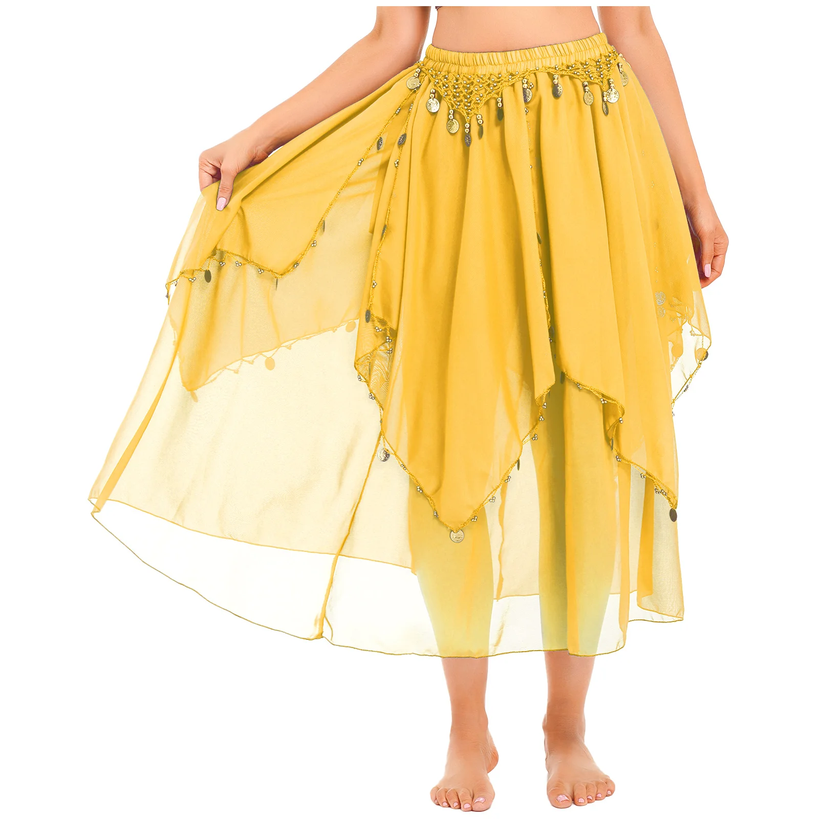 

Belly Dance Skirts Women Mesh Tiered Light Long Skirts Sequin Beaded Skirt Elastic Waistband Belly Dance Performance Costumes