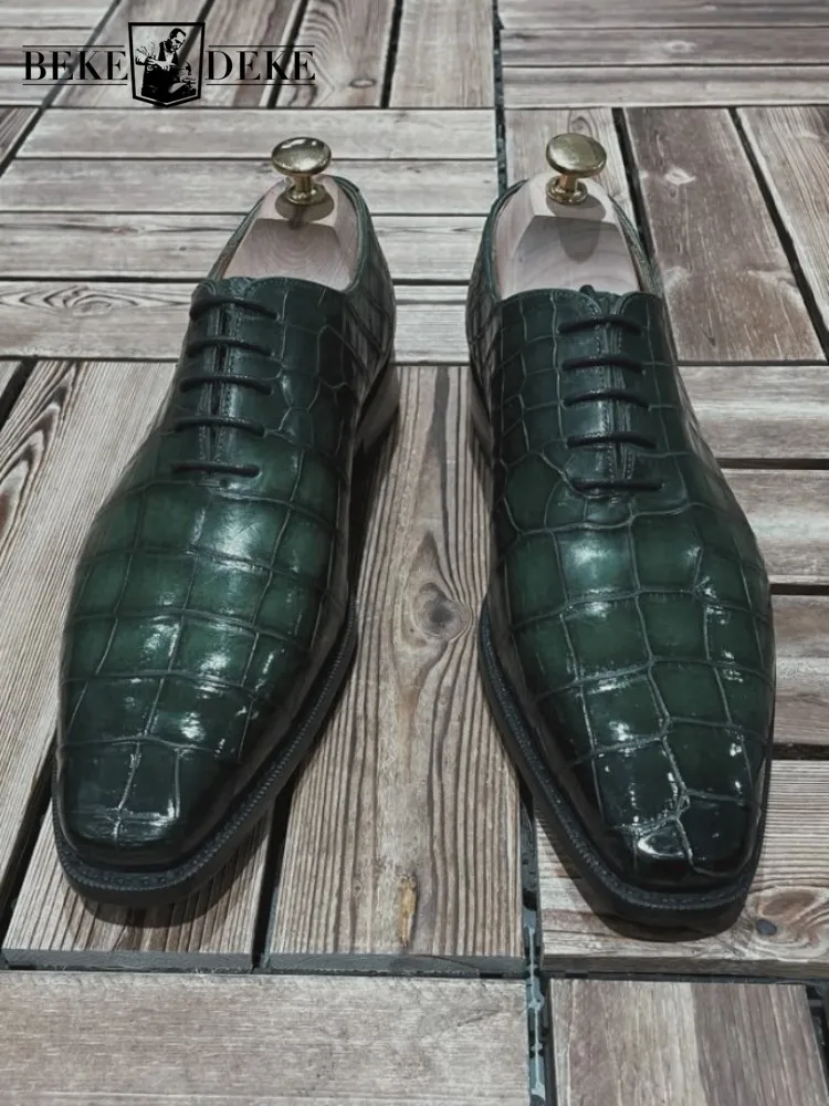 

Crocodile Skin Male Dress Shoes Mens Luxury Business Shoes Dark Green Genuine Leather Formal Footwear Pointed Toe Lace Up Shoes