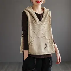 Waistcoat Hooded Women's Knitted Vest Loose Apricot Female Sweater Embroidered Casual Clothing Promotion Sales Jumper on Offer