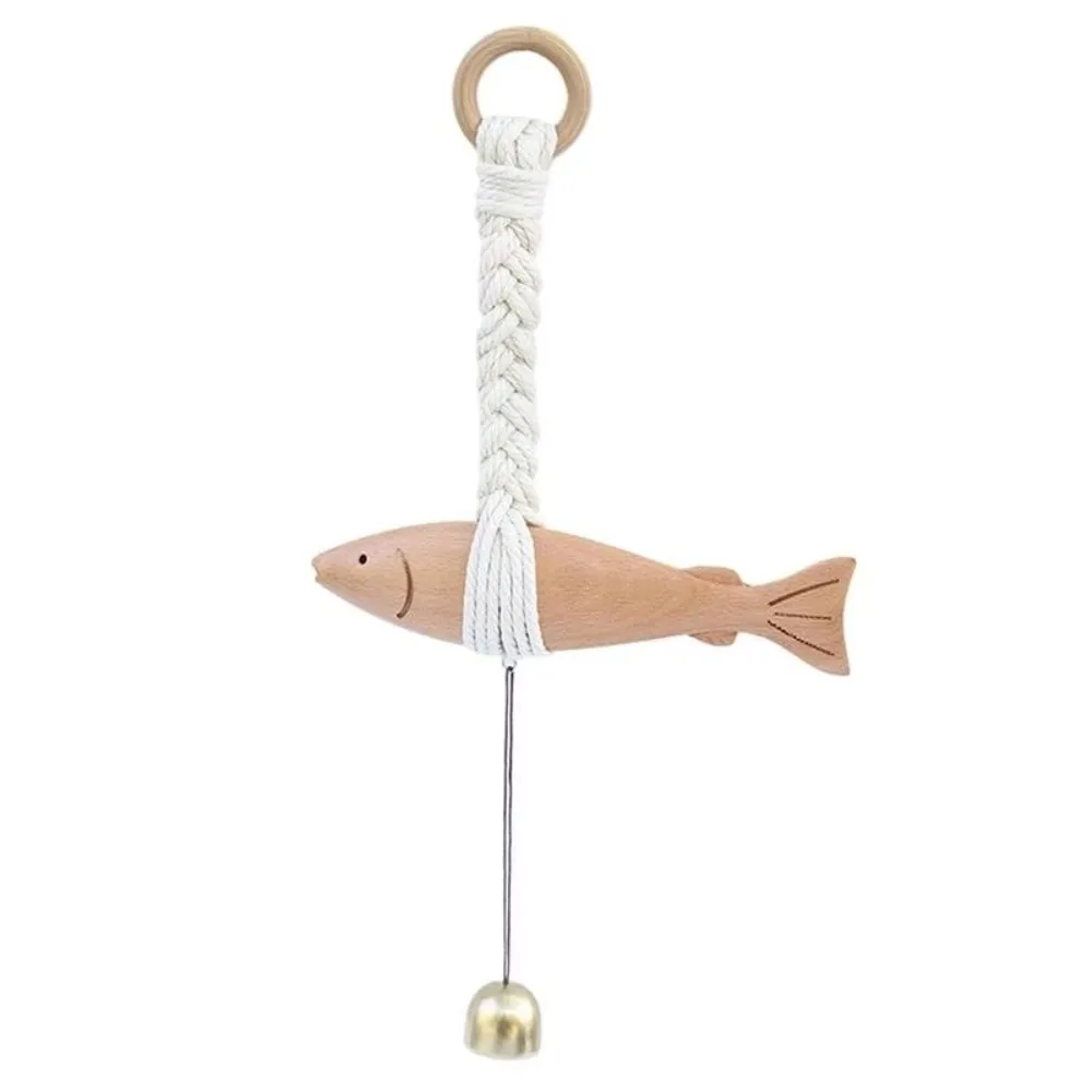 

Marine Beach Themed Wood Fish Sculpture Hand Carved With Bell Fish Door Chimes Rustic Handcrafted Nautical Pendant Ornament
