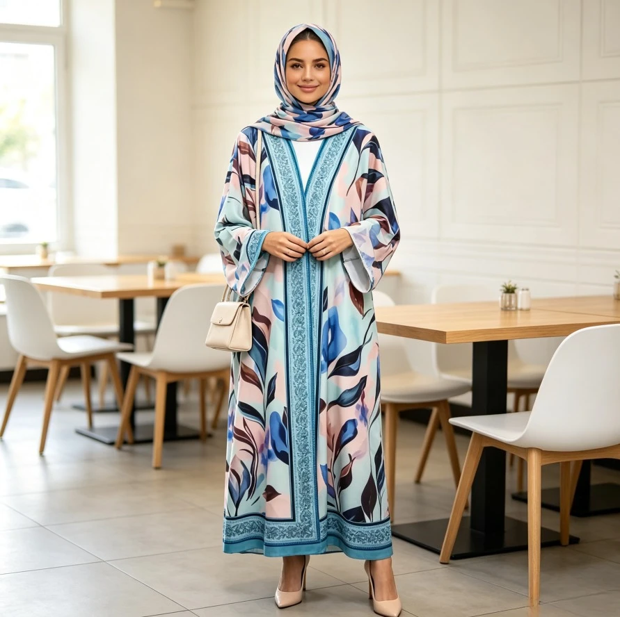 Women Abaya Headscarf Cardigan Robe Khimar 2 Piece Set Muslim Morocco Dubai Eid Hijab Print Dress Kaftan Ramadan Jalabiya 2026