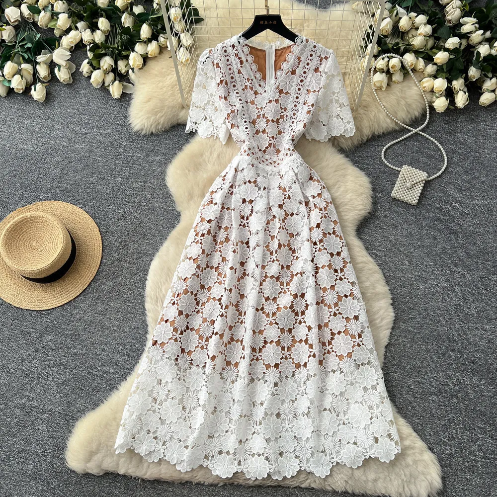 

Long Dress Women Dresses A Line Vestidos Y2k Streetwear V Neck Short Sleeve Lace Hollow Out Elegant Party Night Work 2026 Spring
