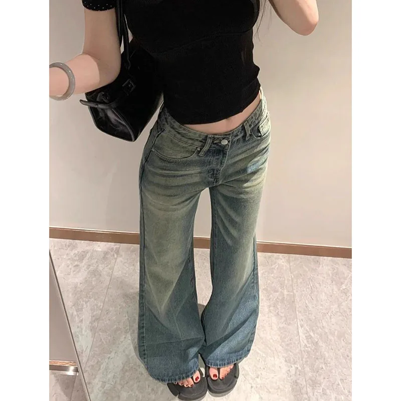 

Женские винтажные синие джинсовые брюки, уличная одежда Y2K, джинсы свободного кроя с низкой талией, женские универсальные повседневные прямые длинные брюки