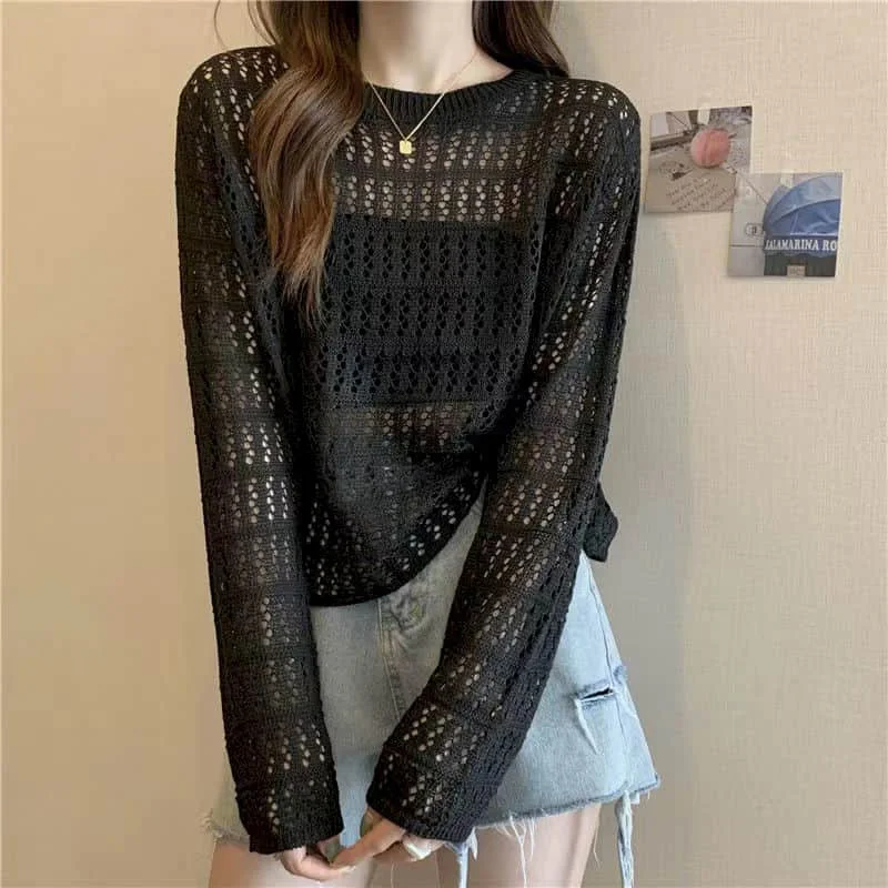 

Вязаные футболки для женщин: свободные топы с круглым вырезом, солнцезащитные, кружевные, вязаные крючком, укороченные, в корейском стиле, с длинным рукавом, летняя повседневная одежда