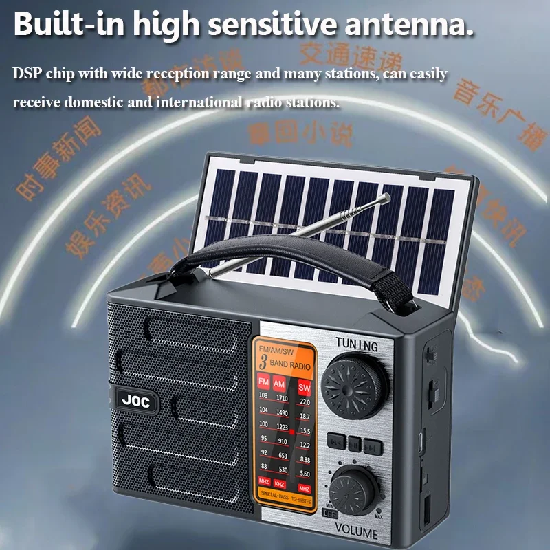 Altoparlante Bluetooth wireless portatile Torcia a LED Radio FM AM SW Ricarica solare Radio di emergenza Banda intera ad alta sensibilità