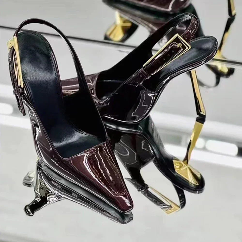 Sandales à talons hauts en cuir verni pour femmes, chaussures à talons minces, Parker carré, rétro, automne, nouveau, 2024