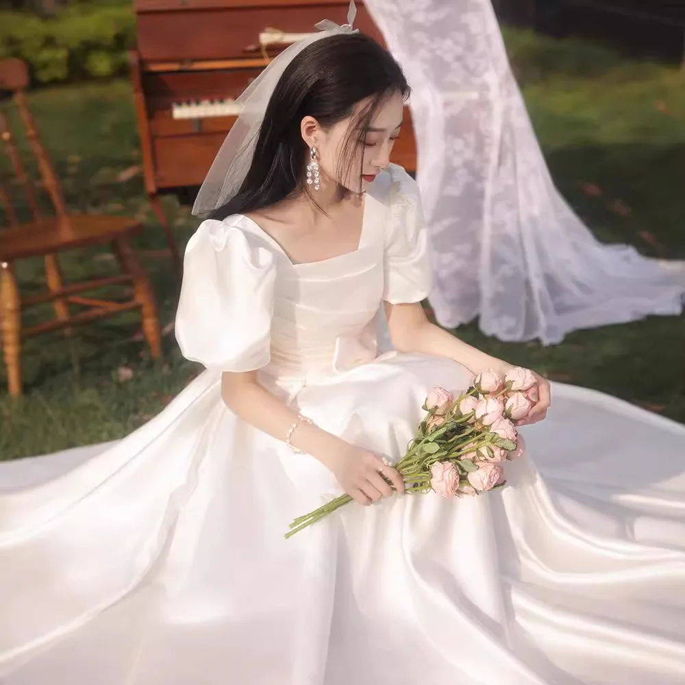 

Elegant White Satin Evening Dress French Square Collar Bow Lace Up Long Dress Large Size Female Wedding Party Gown
