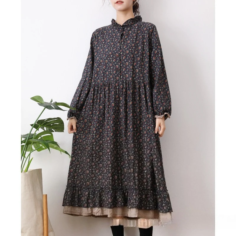 Autumn Summer Dress Sweet Little Fresh Round Collar Double-layer Loose Floral Long-sleeved Dress Women Clothing