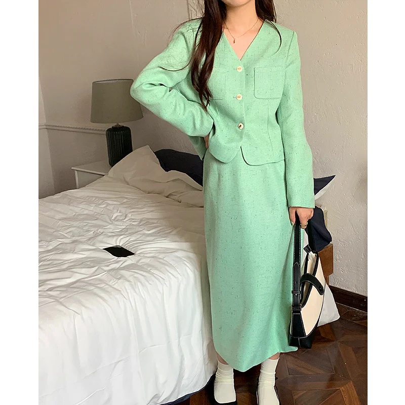 Autumn V-neck Simlp Long Sleeve Female Pink Coat + High Waist A-line Skirt Suit Korea Fashion Tweed Two-piece Set Women Outfit