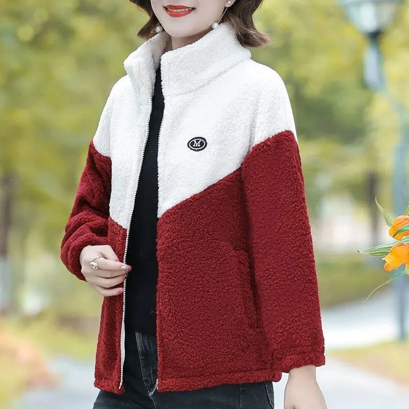 Mẹ Của Mùa Thu Áo Khoác Mùa Đông Với Lambswool Và Bộ Lông Ngắn Dạng Hạt Cashmere Phối Cho Phụ Nữ Nước Ngoài Giả Cừu Cắt Lông Xù Lông